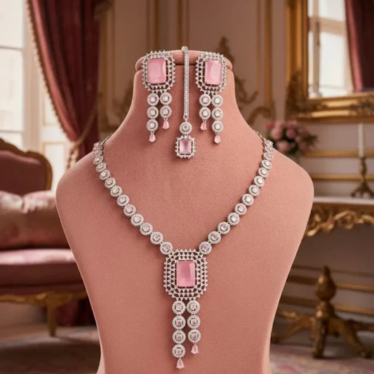 American diamond pink & white necklace set - jeweller set