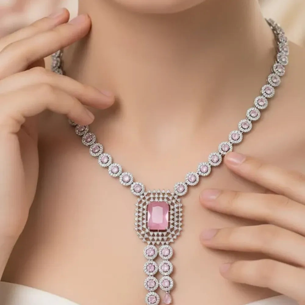 American diamond pink & white necklace set - jeweller set