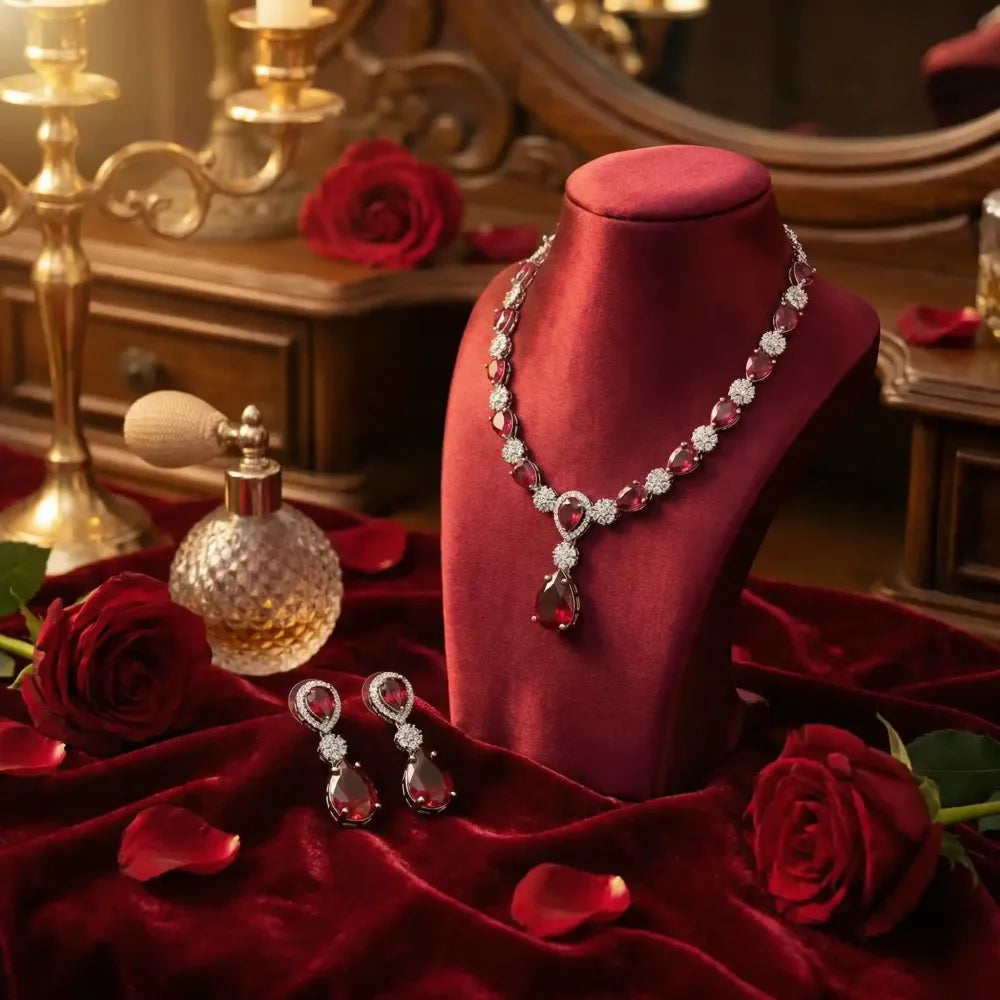 American diamond & red teardrop necklace set - jeweller set