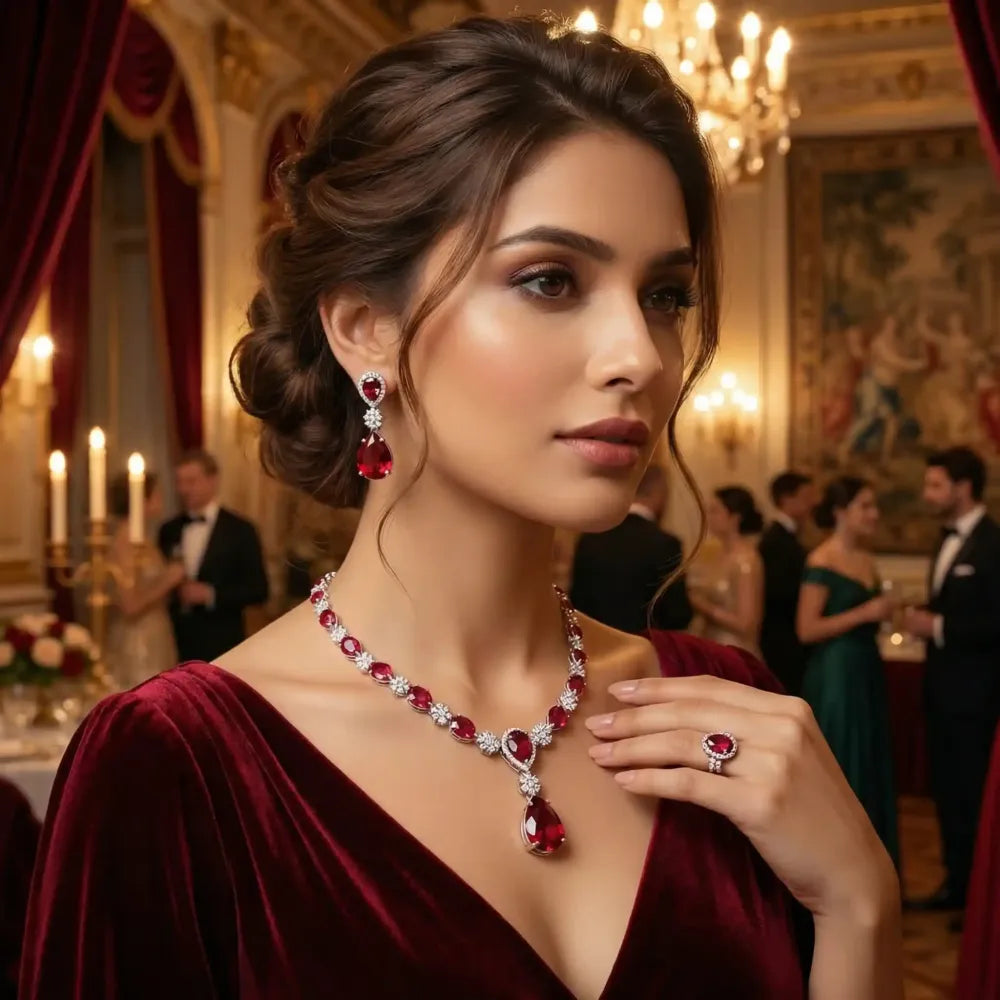 American diamond & red teardrop necklace set - jeweller set