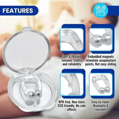 Anti-snoring nose clip with magnets.