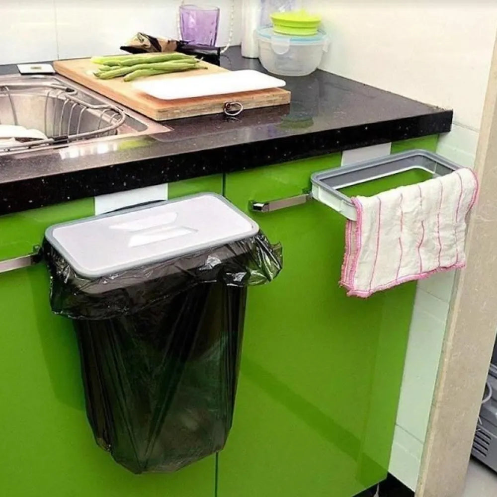Attach-a-trash hanging trash bag holder