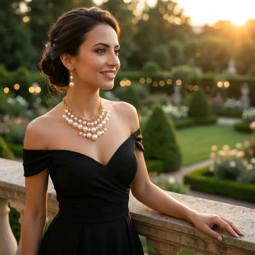 Cascading pearl & gold necklace set - jeweller set
