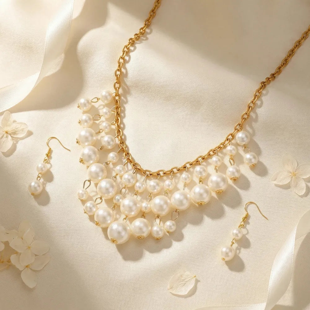 Cascading pearl & gold necklace set - jeweller set