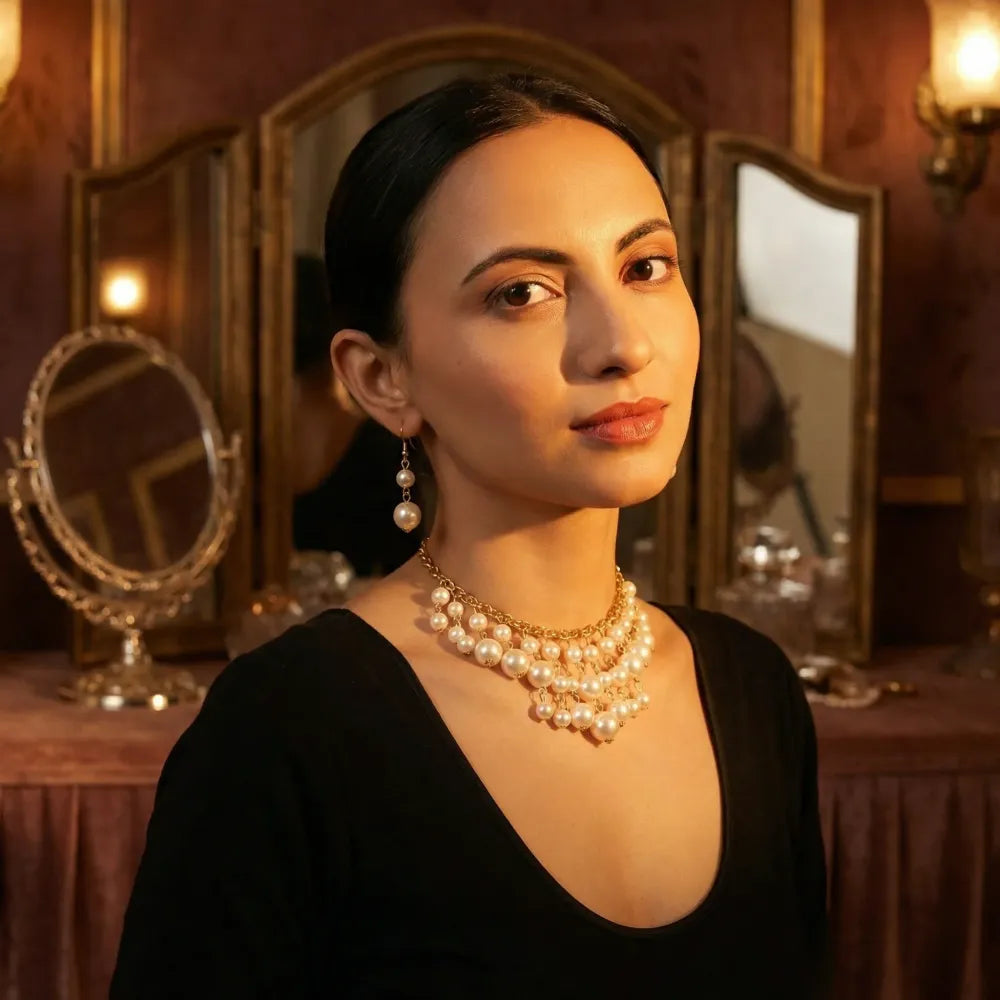 Cascading pearl & gold necklace set - jeweller set