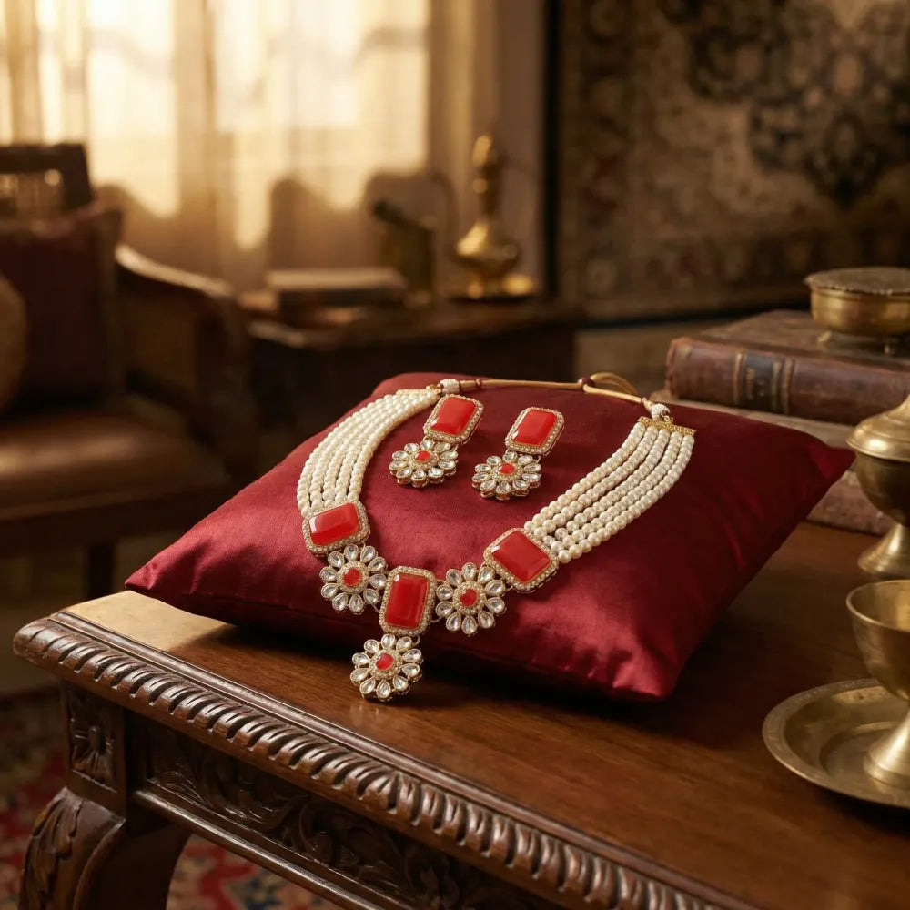 Coral red kundan necklace set - jeweller set