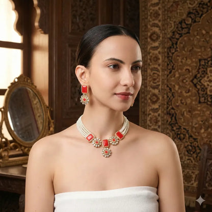 Coral red kundan necklace set - jeweller set