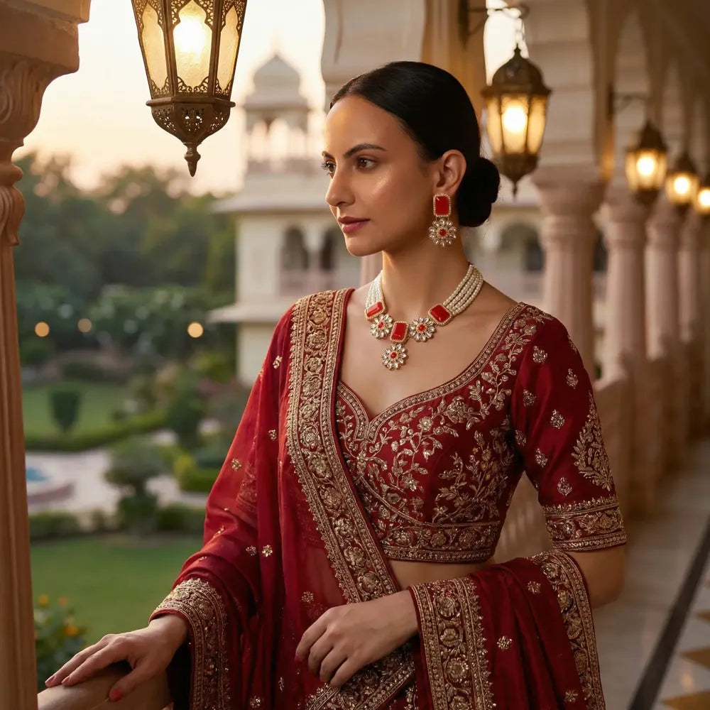 Coral red kundan necklace set - jeweller set