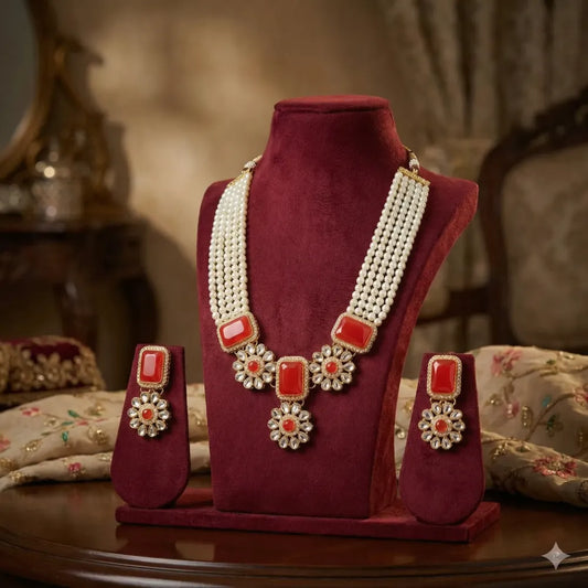 Coral red kundan necklace set - jeweller set