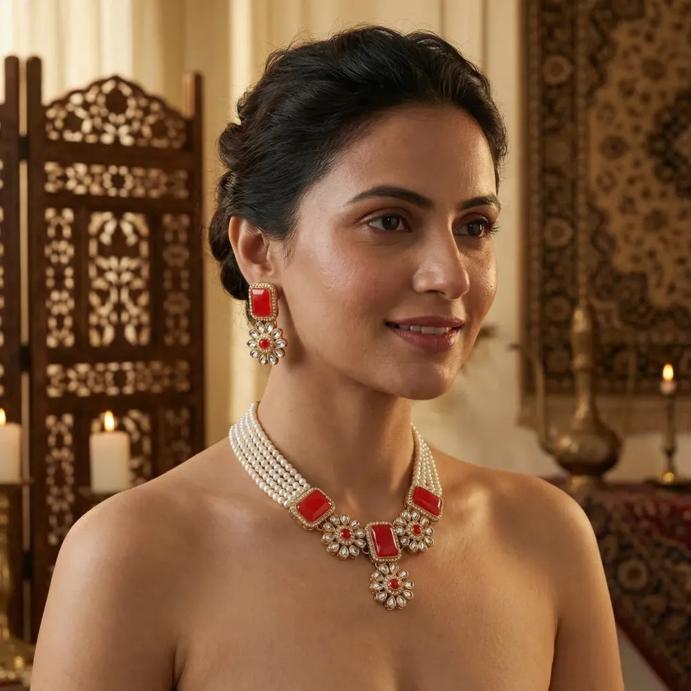 Coral red kundan necklace set - jeweller set