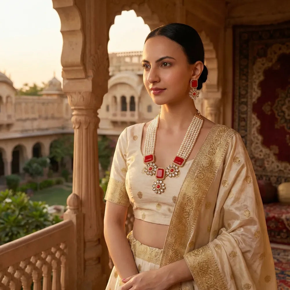 Coral red kundan necklace set - jeweller set