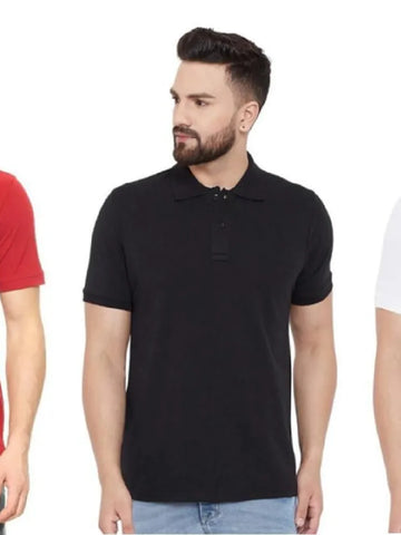 Cotton Matty Solid Half Sleeves Men's Polo Neck T-Shirt Pack Of 3