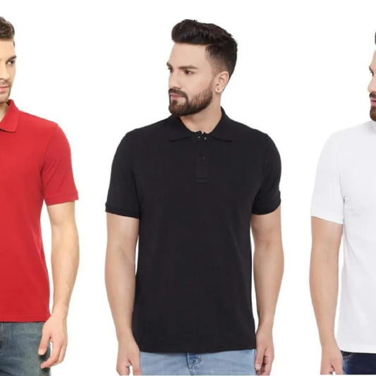 Cotton matty solid half sleeves men’s polo neck t-shirt pack of 3