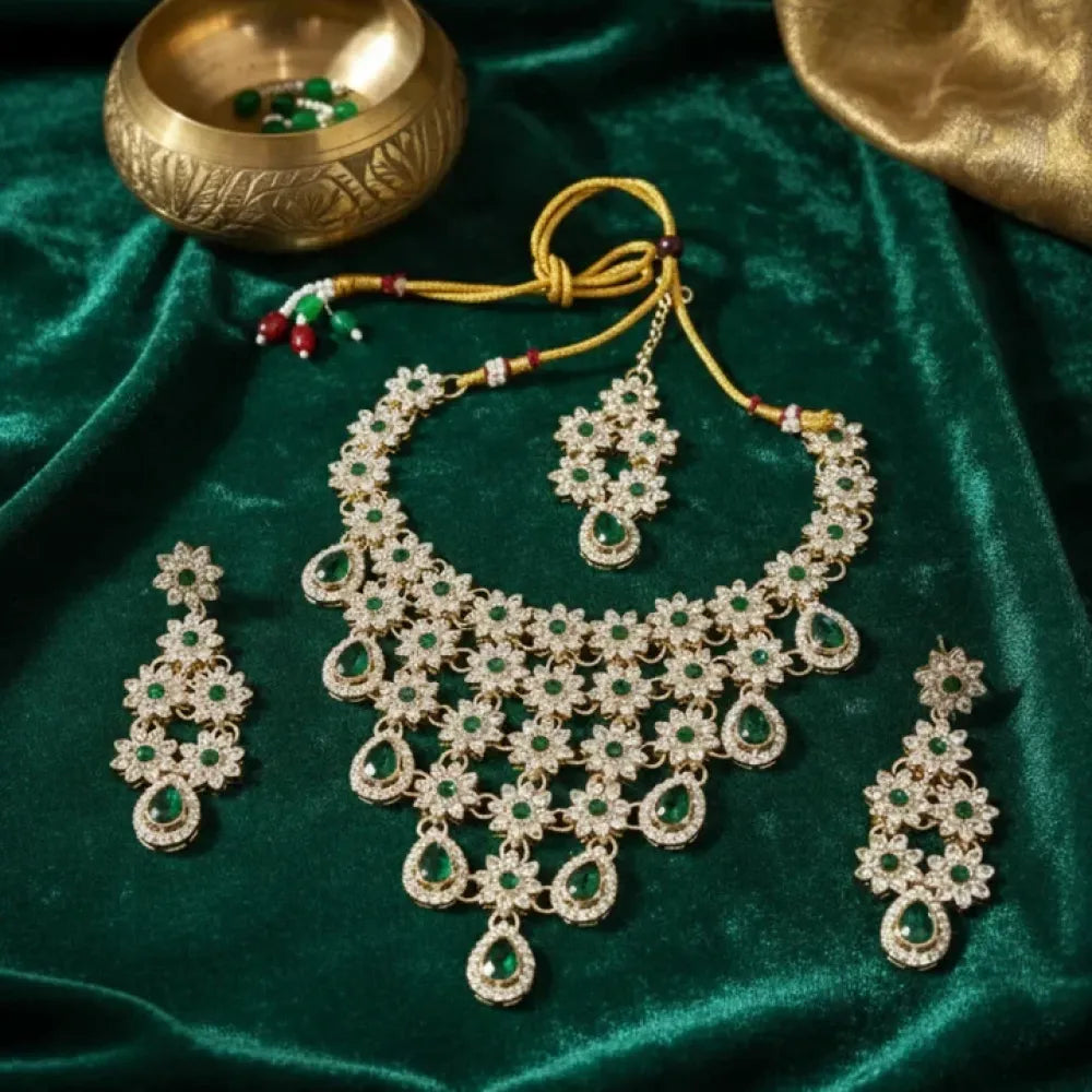 Emerald green floral kundan set - jeweller set