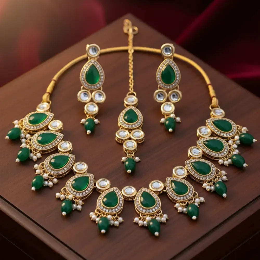 Emerald green kundan choker set - jeweller set