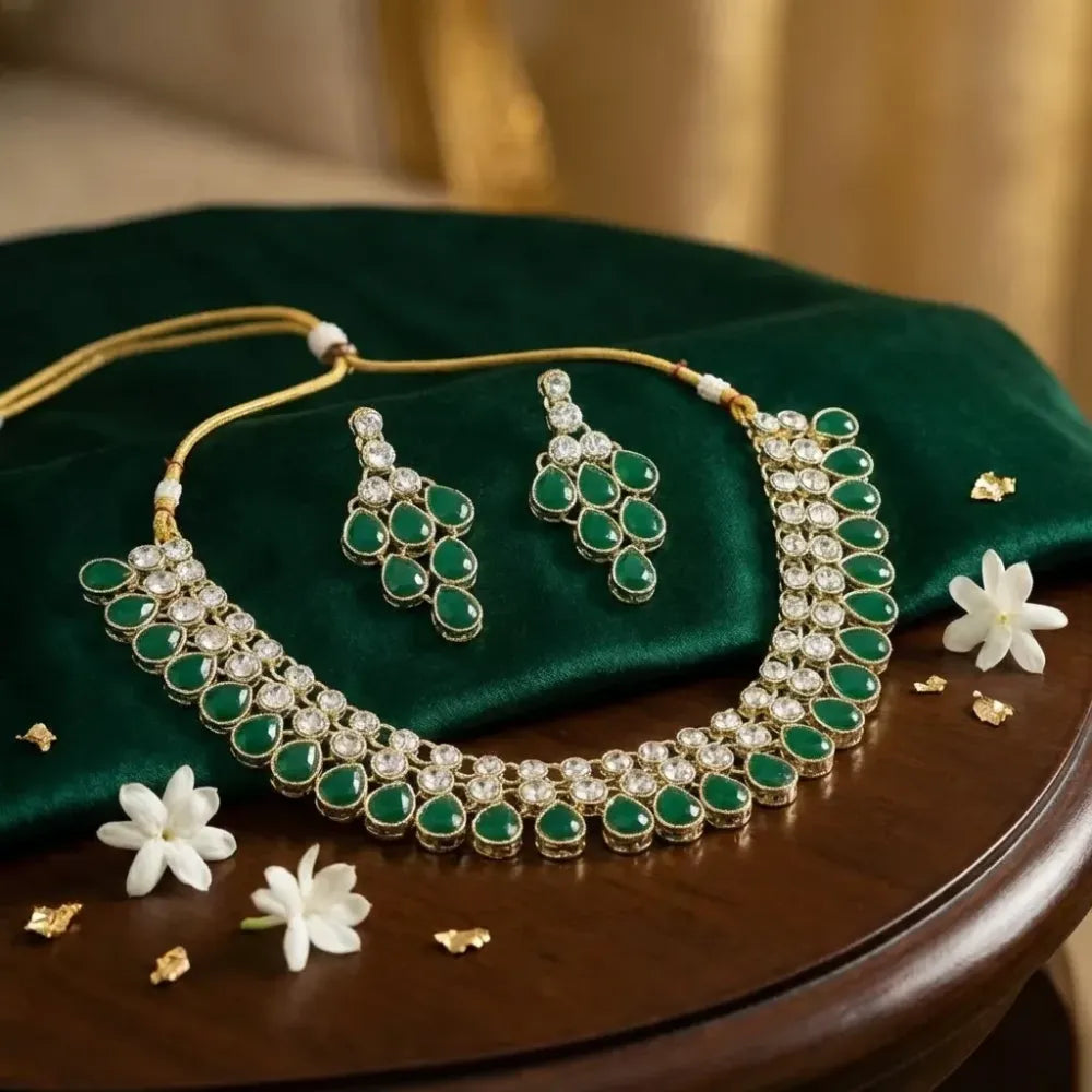 Emerald green kundan necklace set - jeweller set