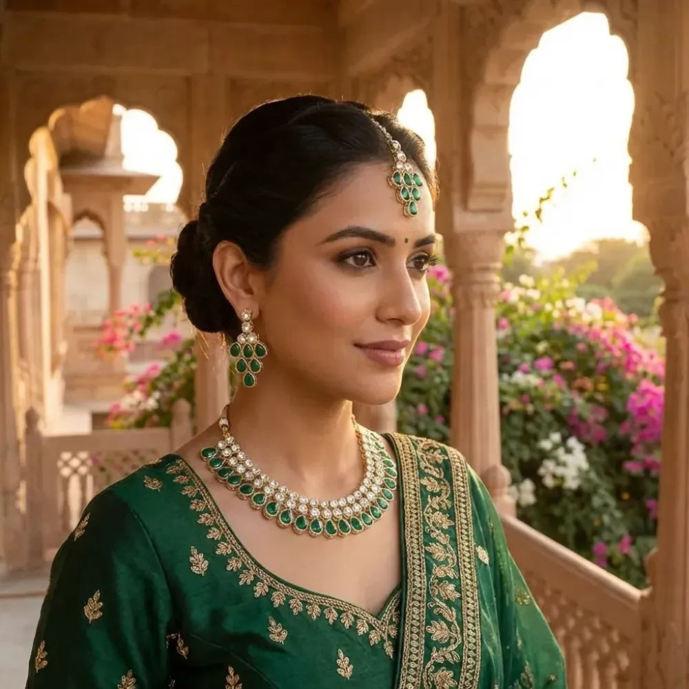Emerald green kundan necklace set - jeweller set