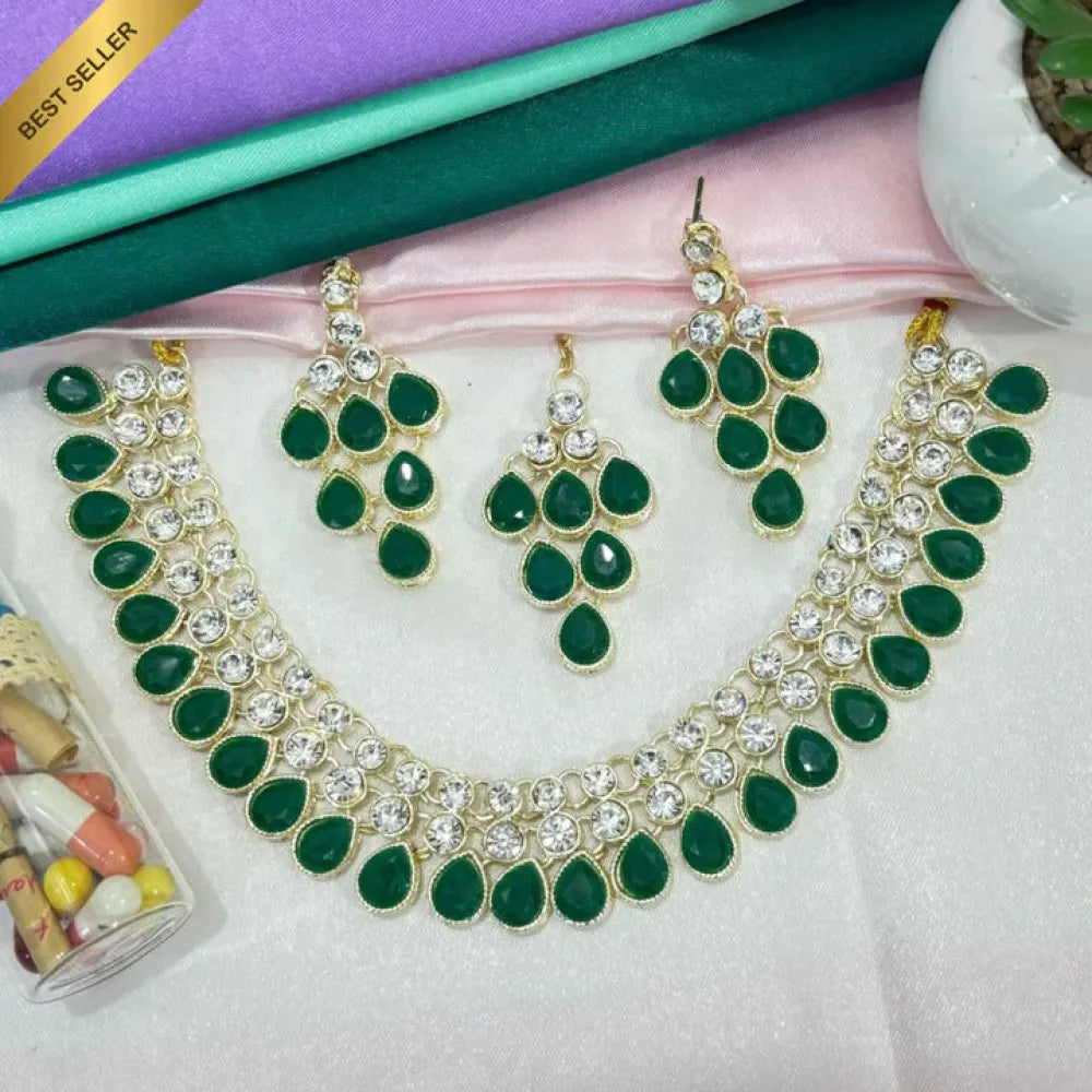 Emerald green kundan necklace set - jeweller set