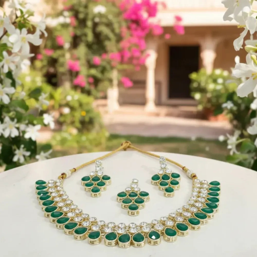 Emerald green kundan necklace set - jeweller set