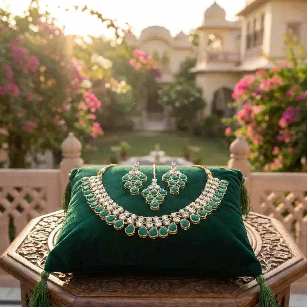 Emerald green kundan necklace set - jeweller set