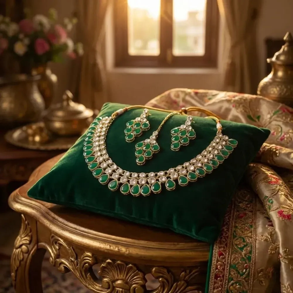 Emerald green kundan necklace set - jeweller set