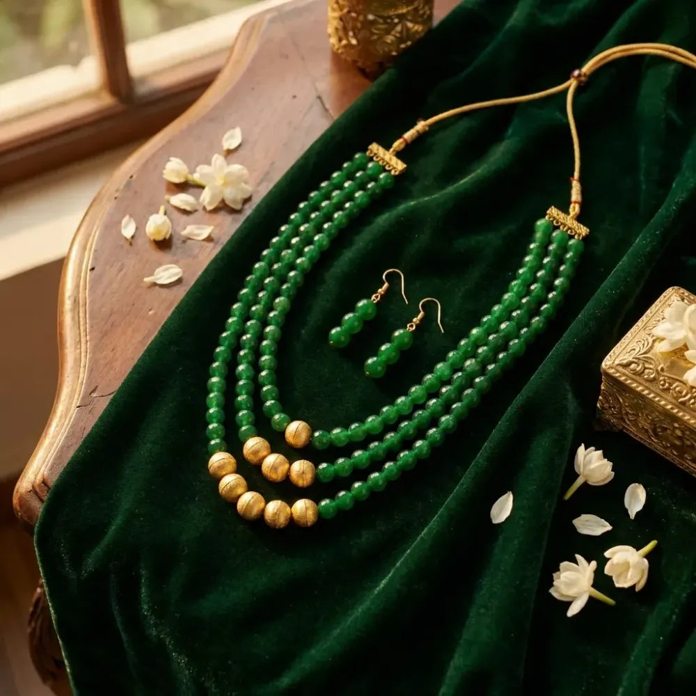 Emerald-green layered necklace set - jeweller set