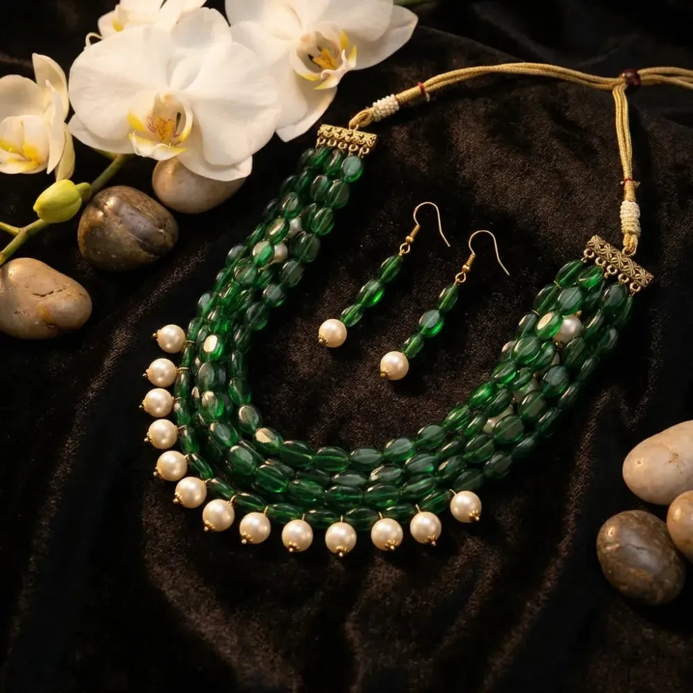 Emerald-green pearl accent necklace set - jeweller set