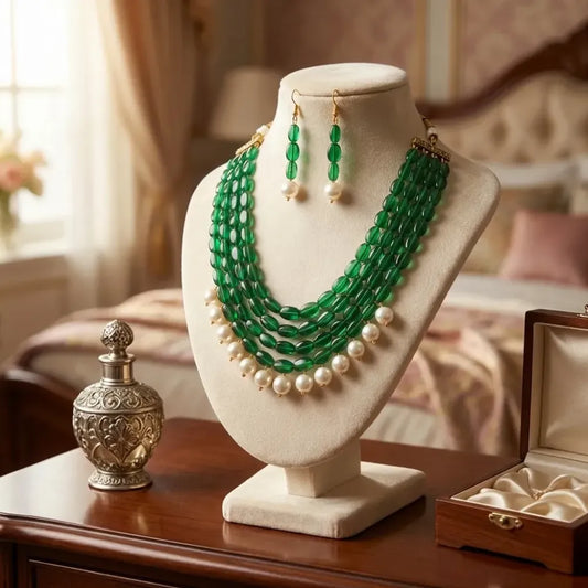 Emerald-green pearl accent necklace set - jeweller set