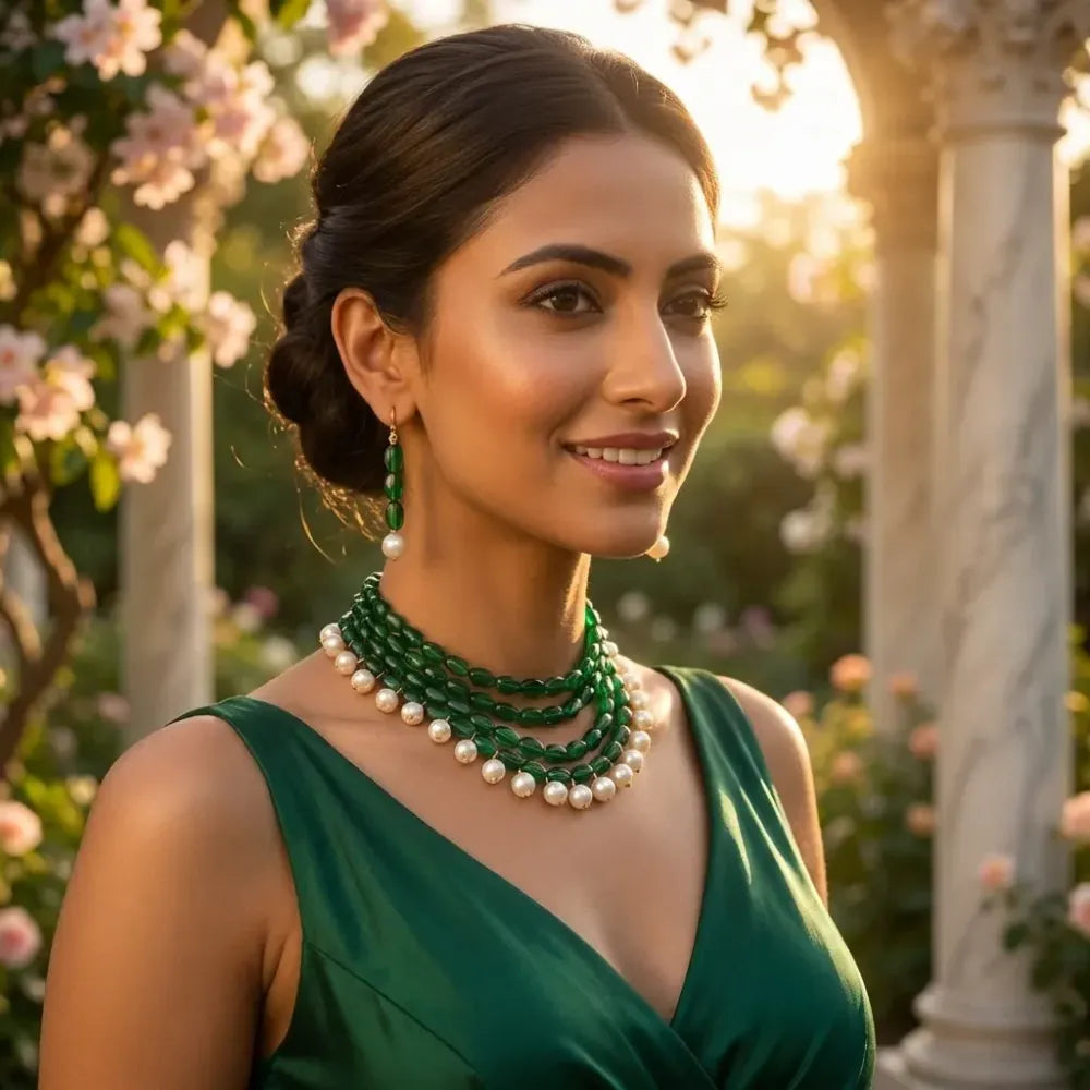 Emerald-green pearl accent necklace set - jeweller set