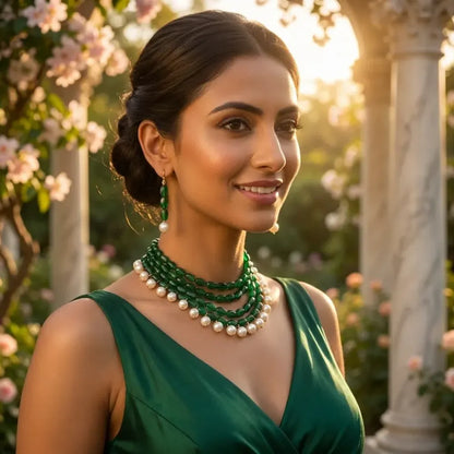 Emerald-green pearl accent necklace set - jeweller set