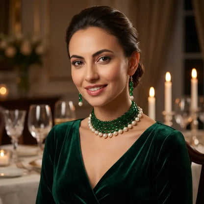 Emerald-green pearl accent necklace set - jeweller set