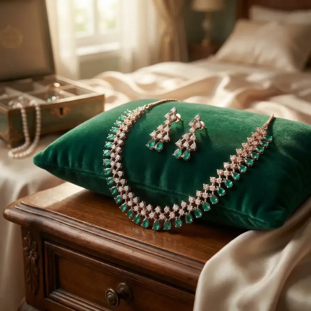 Emerald green & rose gold necklace set - jeweller set