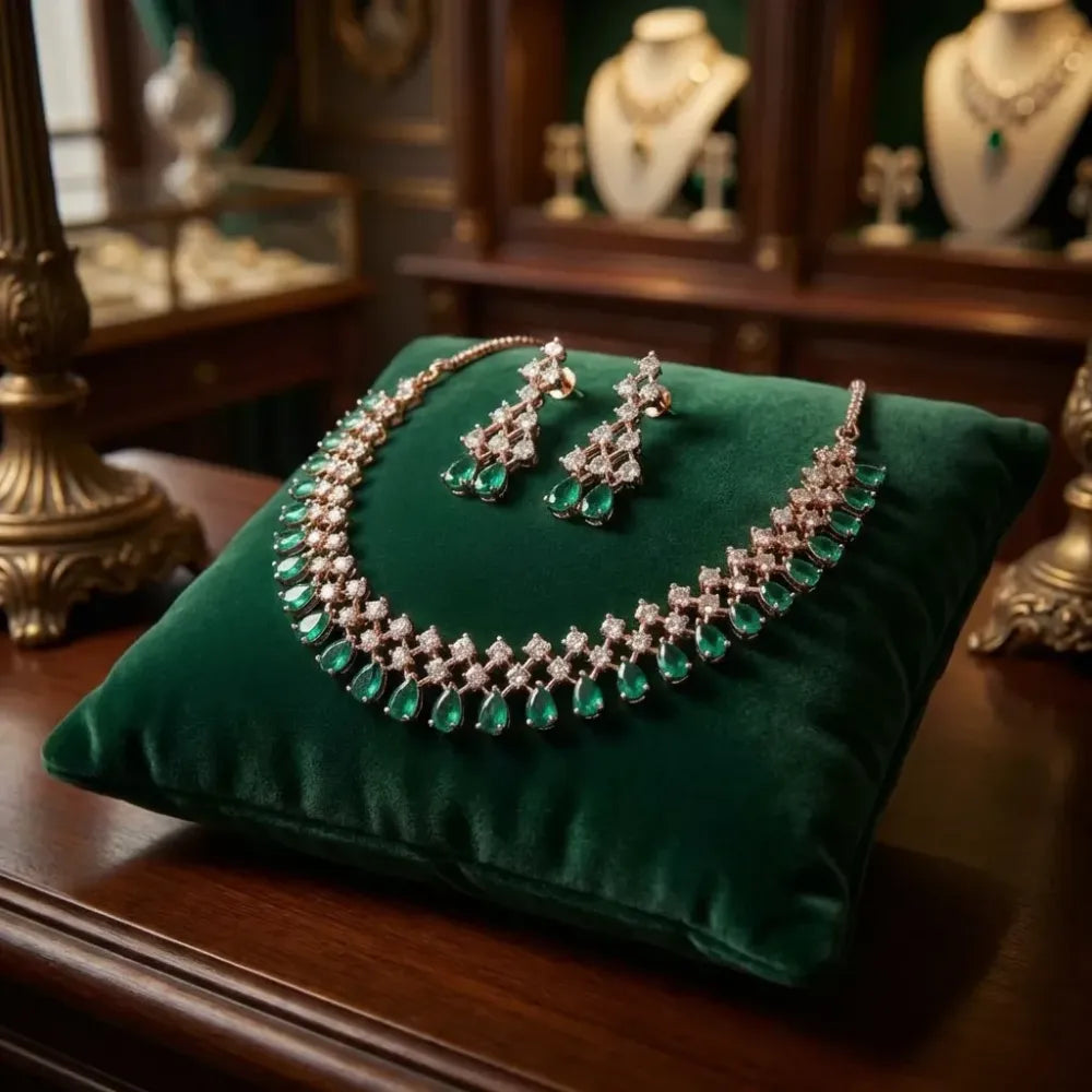 Emerald green & rose gold necklace set - jeweller set