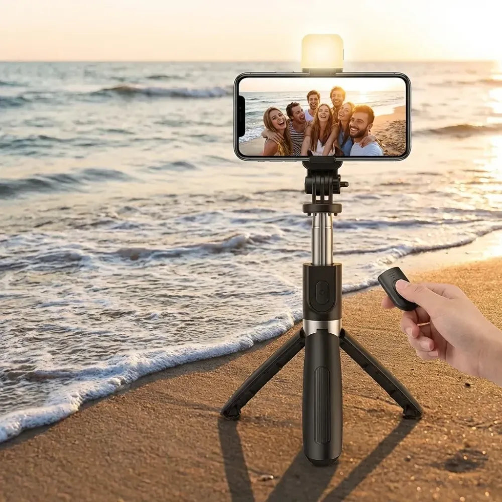 Extendable flash 3-in-1 selfie stick tripod with bluetooth remote