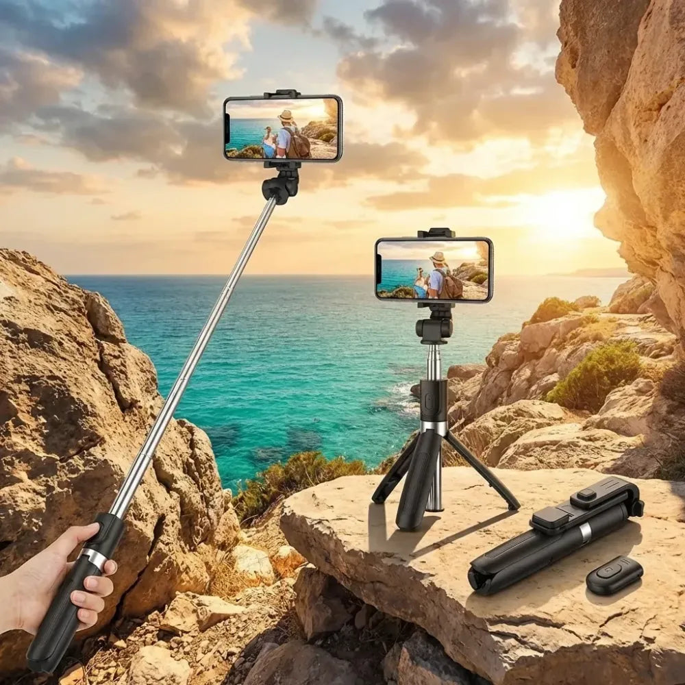 Extendable flash 3-in-1 selfie stick tripod with bluetooth remote