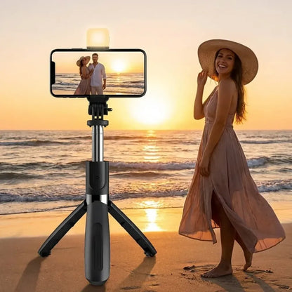 Extendable flash 3-in-1 selfie stick tripod with bluetooth remote