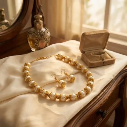 Filigree pearl beaded necklace set - jeweller set