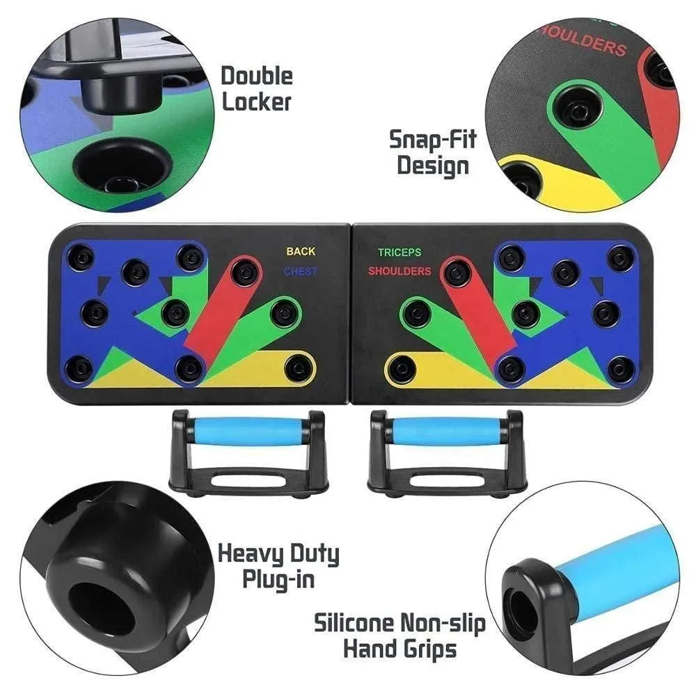 Push-up board with color-coded positions and handles.