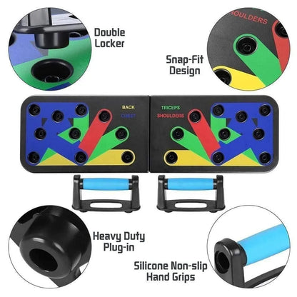 Push-up board with color-coded positions and handles.