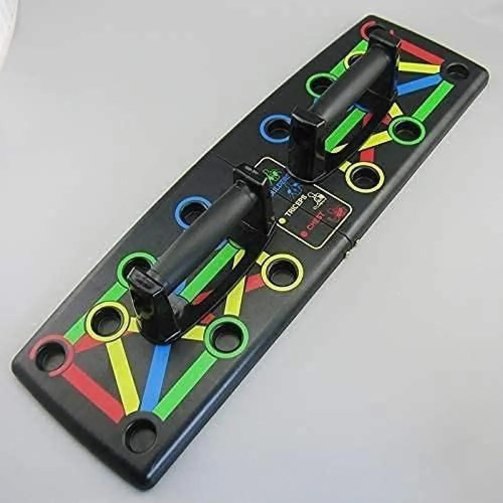 Black push-up board with color-coded holes and handles.