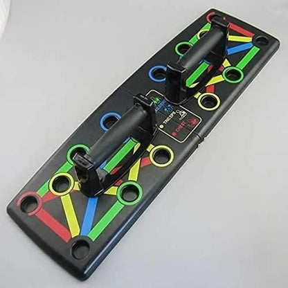 Black push-up board with color-coded holes and handles.