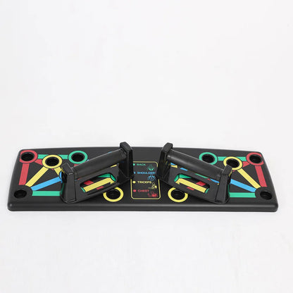 Black push-up board with color-coded positions and handles.