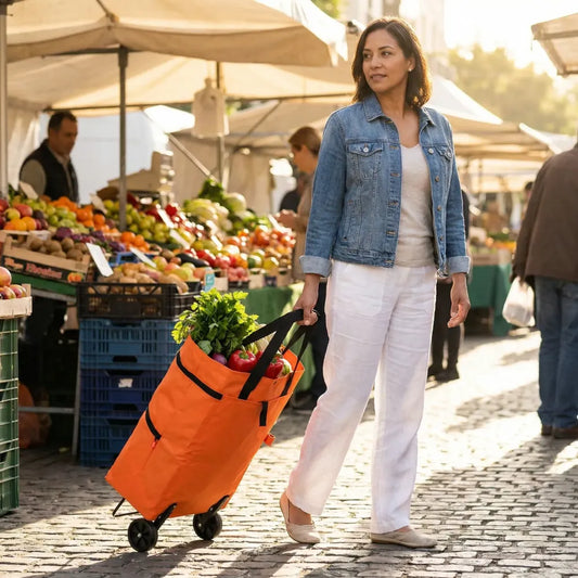 Foldable light weight polyester shopping trolley bag for vegetables grocery travel dual wheel waterproof (multicolor)