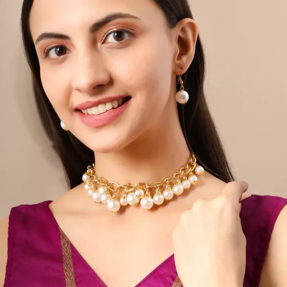 Gold chain pearl drop choker set - jeweller set