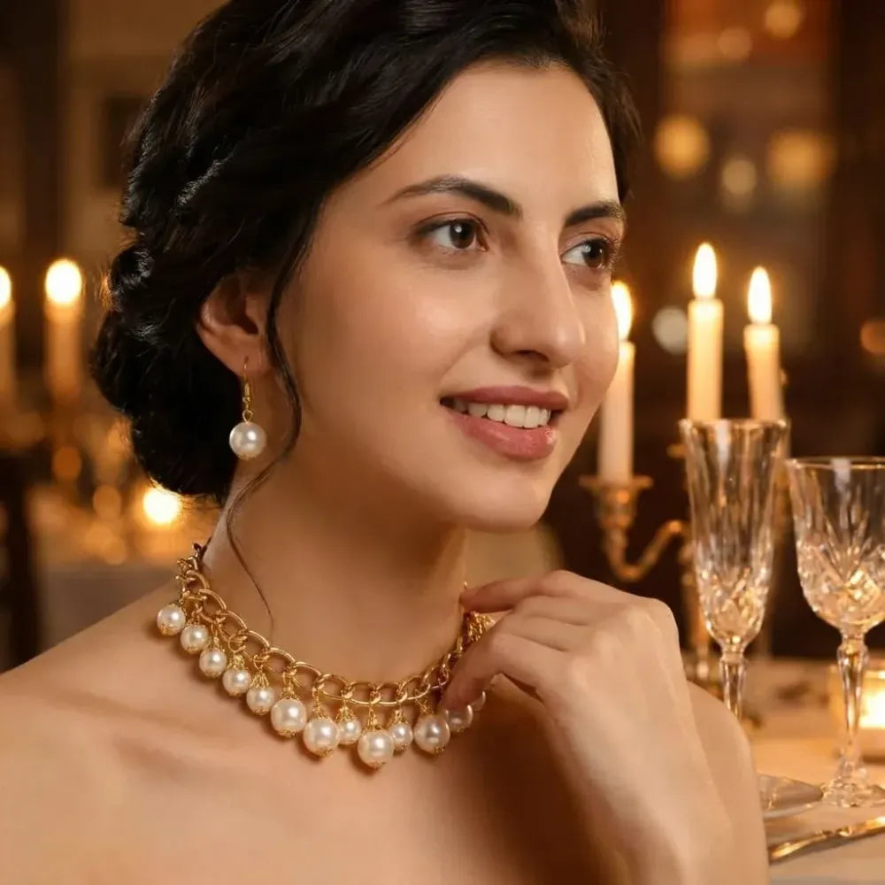 Gold chain pearl drop choker set - jeweller set