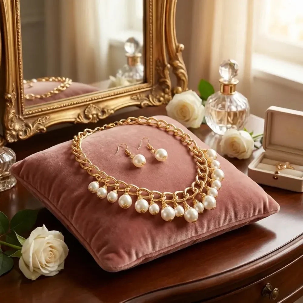 Gold chain pearl drop choker set - jeweller set