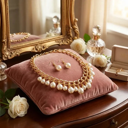 Gold chain pearl drop choker set - jeweller set