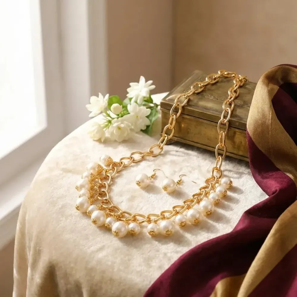 Gold chain pearl drop choker set - jeweller set