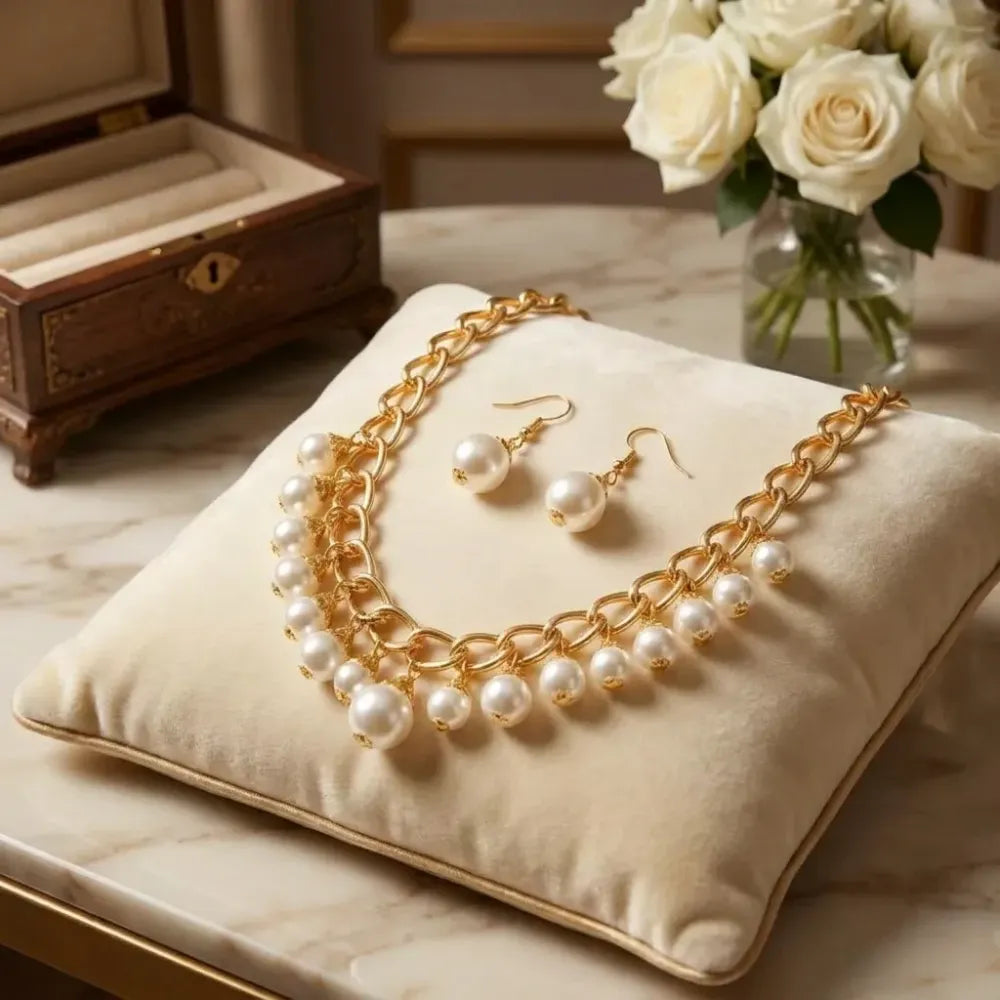 Gold chain pearl drop choker set - jeweller set