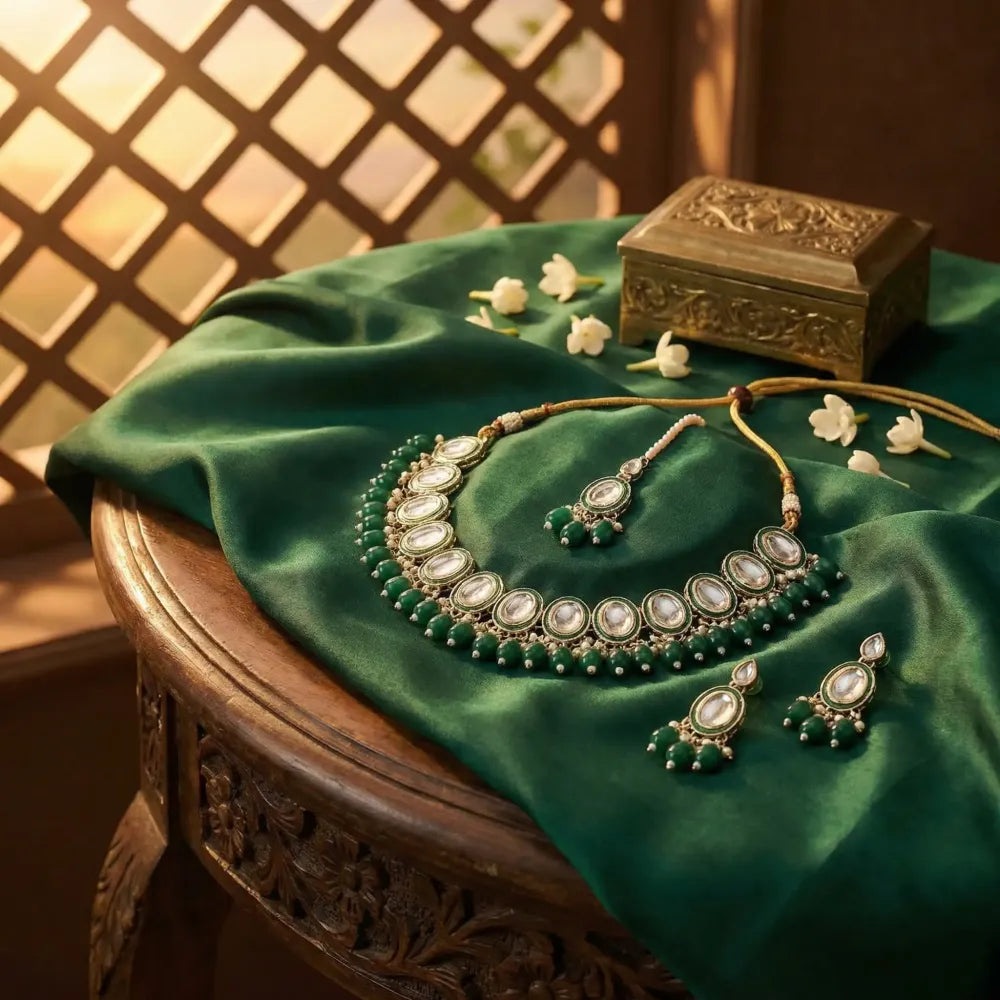 Green meenakari & kundan necklace set - jeweller set